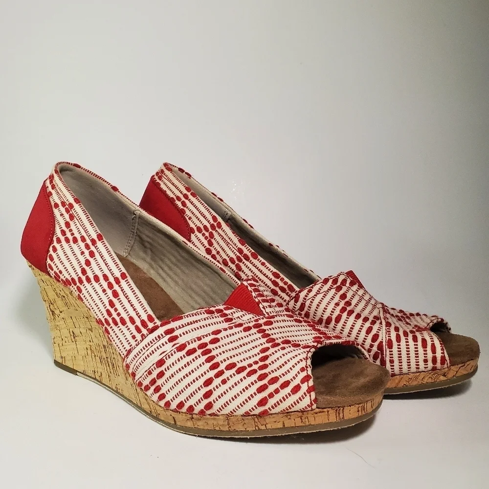 TOMS Scarlett Red Cream Cheron Woven Peep Toe Cork Wedge Size 10 EUC